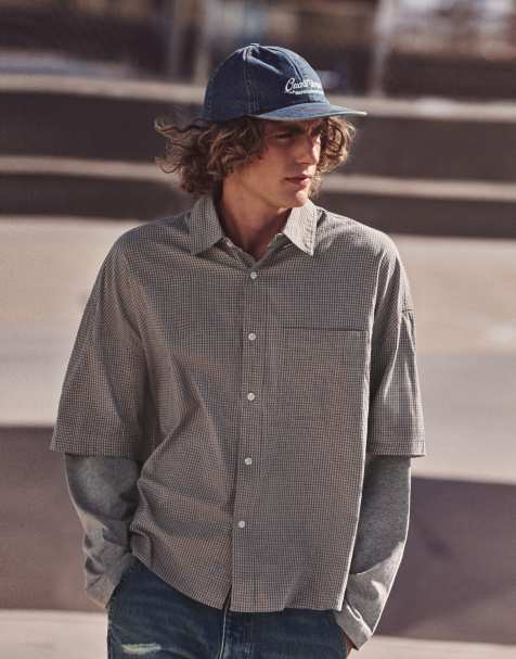 Pull&Bear chemise à double manche à carreaux blanche et grise - view 1