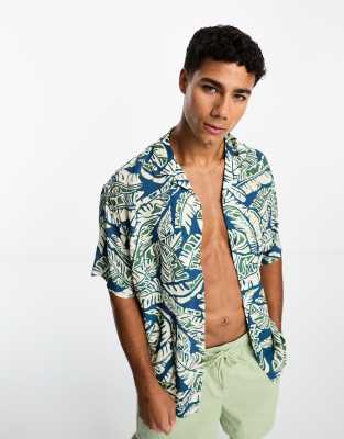 Pull&Bear multi leaf print shirt in blue  - ASOS Price Checker