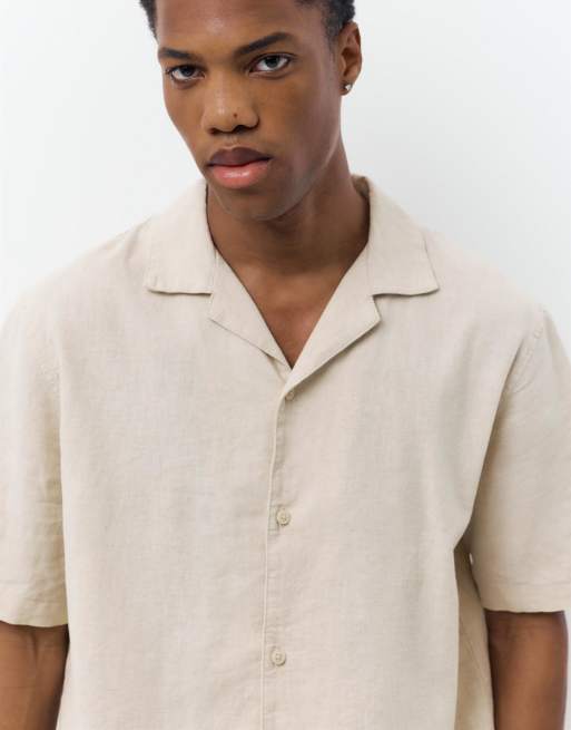 Pull&Bear - Chemise à manches courtes en lin mélangé - Beige, 3 de 4