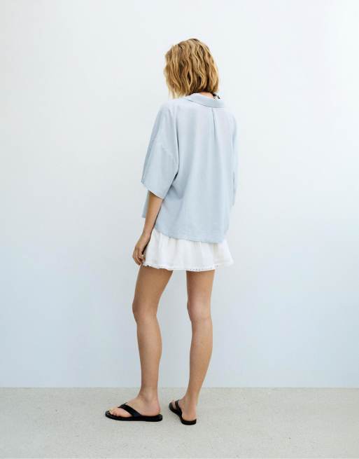 Pull&Bear - Chemise à manches courtes en lin mélangé - Bleu ciel, 4 de 4