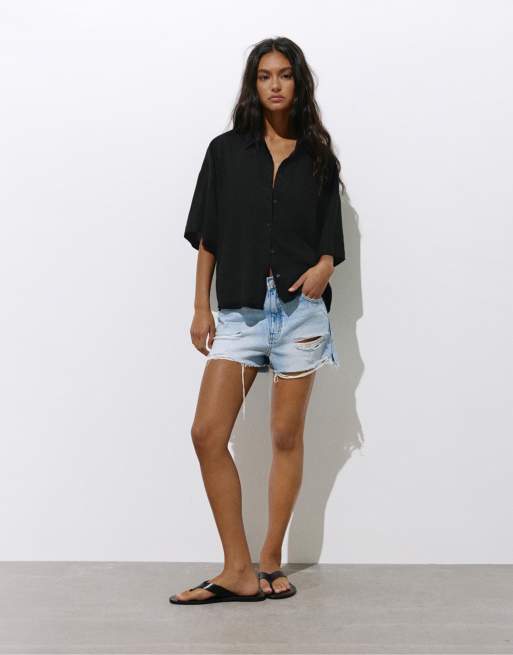 Pull&Bear - Chemise à manches courtes en lin mélangé - Noir, 3 de 4