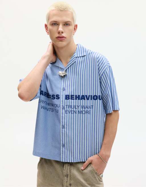 Pull&Bear - Chemise à manches courtes et rayures asymétriques - Bleu