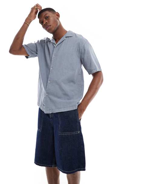 Pull&Bear - Chemise à manches courtes riche en lin - Bleu - view 1