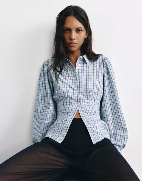 Pull&Bear chemise ajustée à carreaux gris/bleu - view 1