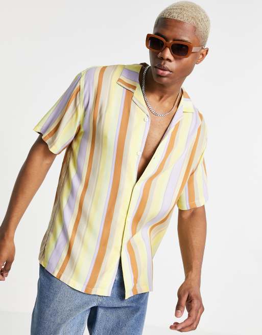 Pull&Bear - Chemise avec col à revers et rayures verticales - Jaune et beige