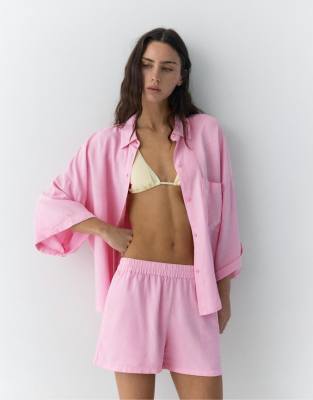 Pull & Bear - Chemise champêtre en lin mélangé - Rose L