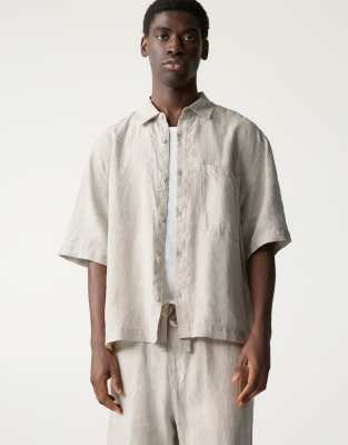 Chemise coupe carre en lin pur - Beige - Pull & bear - Modalova
