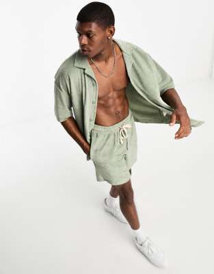 Pull&Bear towelling shirt co-ord in mint - ASOS Price Checker