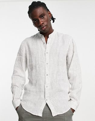 Homme Pull&Bear - Chemise en lin à fines rayures - Blanc