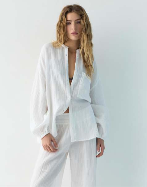 Pull&Bear - Chemise en mousseline à col montant - Blanc - view 1