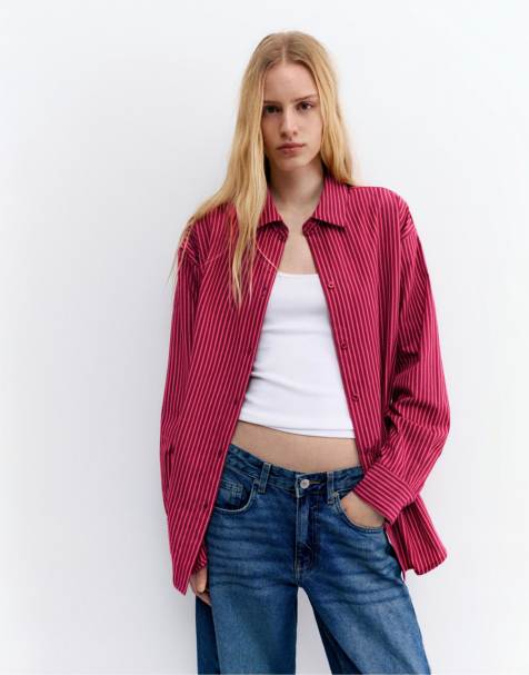 Pull&Bear - Chemise en popeline rayée - Rose - view 1