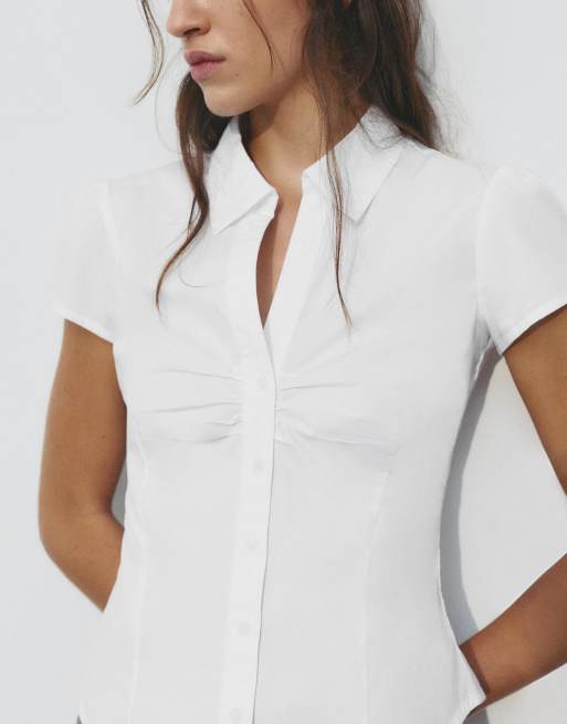 Pull&Bear - Chemise froncée à manches courtes - Blanc, 3 de 4