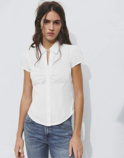Pull&Bear - Chemise froncée à manches courtes - Blanc, 4 de 4