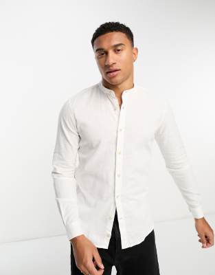 Pull&Bear - Chemise longue en lin à manches longues et col grand-père