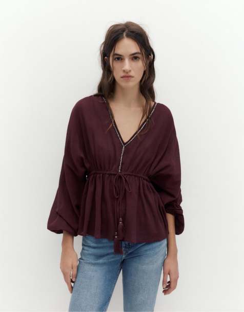 Pull&Bear - Chemise nouée devant à perles - Bordeaux - view 1