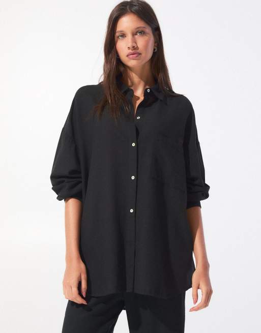 Pull&Bear - Chemise oversize en aspect lin - Noir