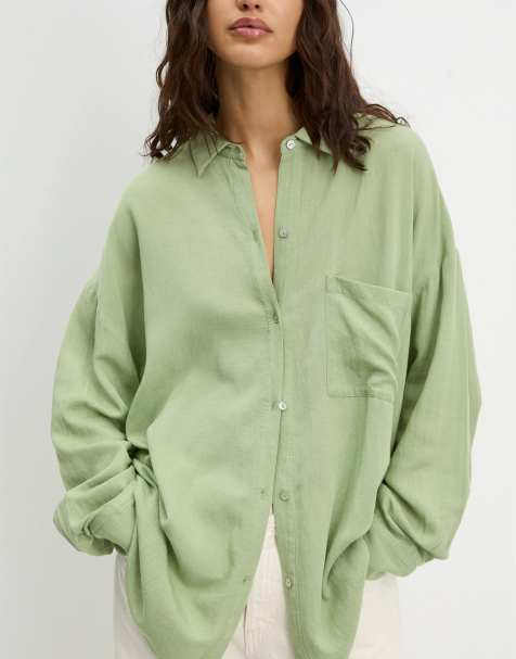 Pull&Bear - Chemise oversize en aspect lin - Vert - view 1