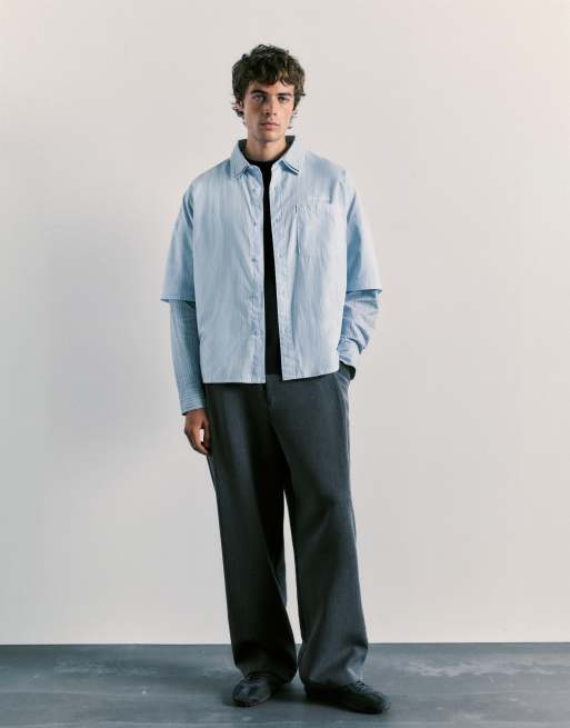 Pull&Bear chemise rayée à double manches longues bleue, 4 de 6