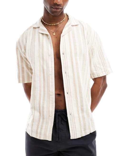 Pull&Bear - Chemise rayée avec col à revers - Écru