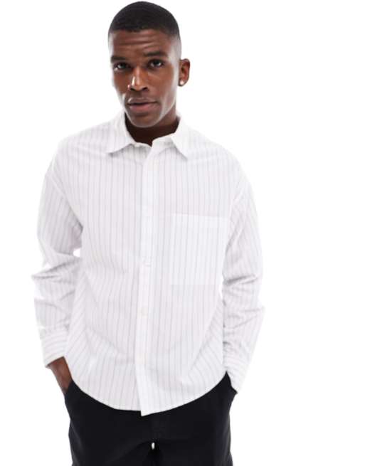Pull&Bear - Chemise rayée coupe carrée à manches longues - Blanc