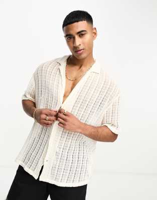 Pull&Bear open knit striped shirt in ecru - ASOS Price Checker
