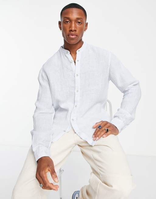 Pull&Bear - Chemise style grand-père en lin - Bleu clair