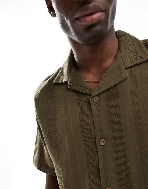Pull&Bear - Chemise texturée rayée - Kaki, 3 de 4