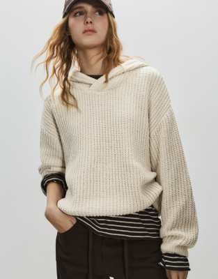 Pull & Bear - Chenille-Kapuzenpullover in Sand-Neutral