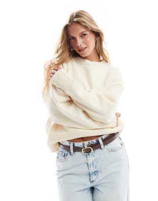 Pull & Bear Chenille Knitted Sweater In Ecru-white