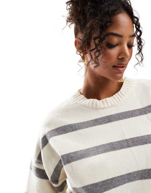 Pull Bear chenille knitted sweater in white and gray stripe ASOS