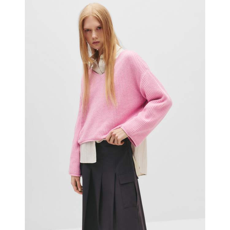 Pull&Bear Chenille v-neck sweater in pink ASOS