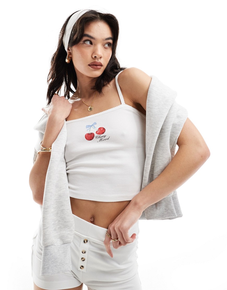 Pull & Bear cherry graphic cami in white