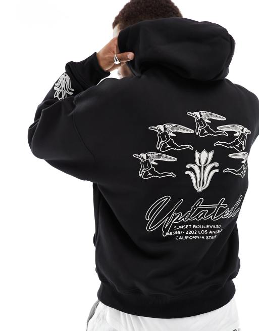 Pull&Bear cherub back printed hoodie in black
