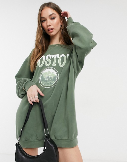 Pull&Bear boston sweat dress in dark green