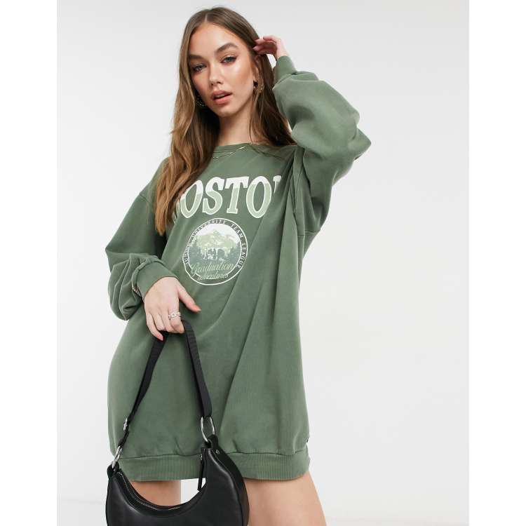 Pull&Bear Chicago sweatshirt dress in dark green