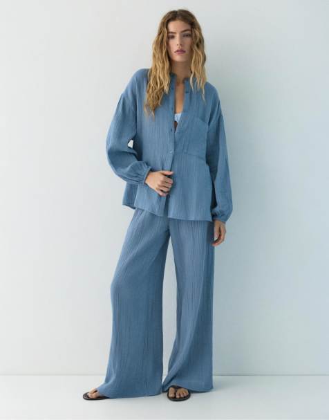 Pull&Bear Chiffon stand collar shirt in bluish - view 1