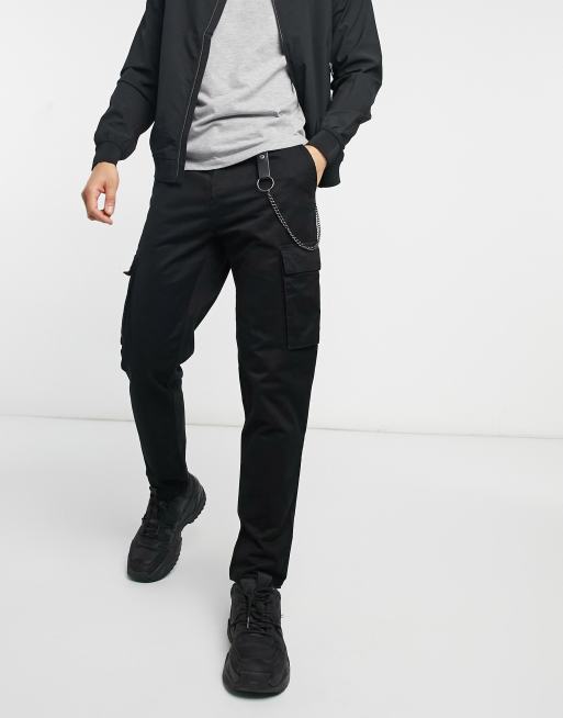 Pull&Bear - Chino's met cargozakken met ketting in zwart