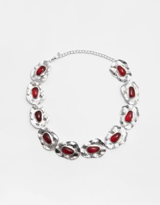 Pull&Bear – Choker-Halskette in Silber mit strukturierten Steinen