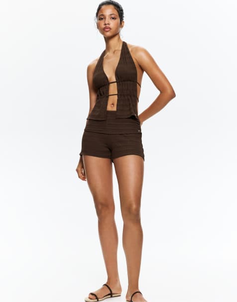 Pull&Bear – Chokladbruna, rustika shorts med nedvikt midja - view 1