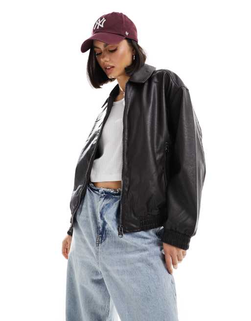 Pull&Bear - Chokoladebrun dad-jakke i imiteret læder i vintage-design
