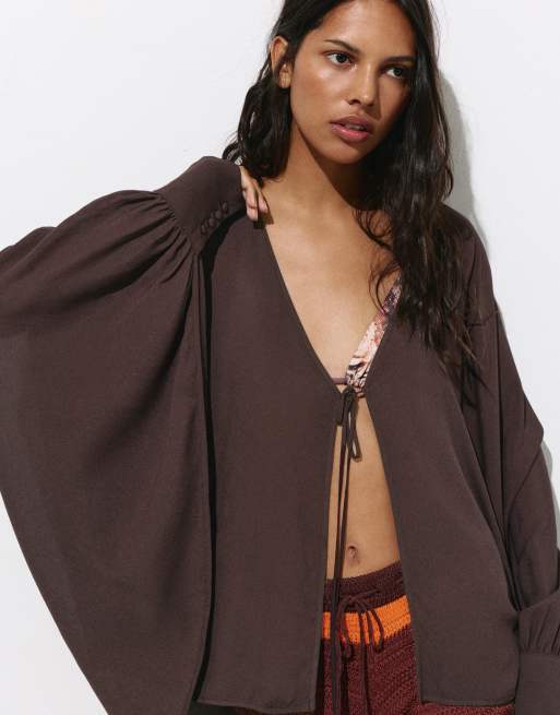 Pull&Bear - Chokoladebrun flagrende kappejakke, 3 af 4