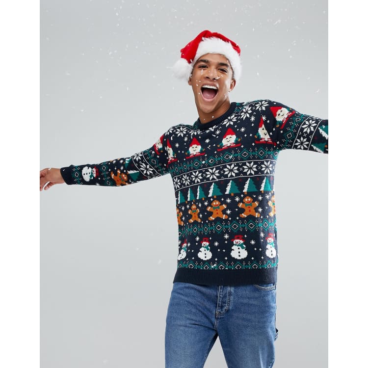 Pullu0026Bear Christmas Patterned Jumper In Navy | ASOS
