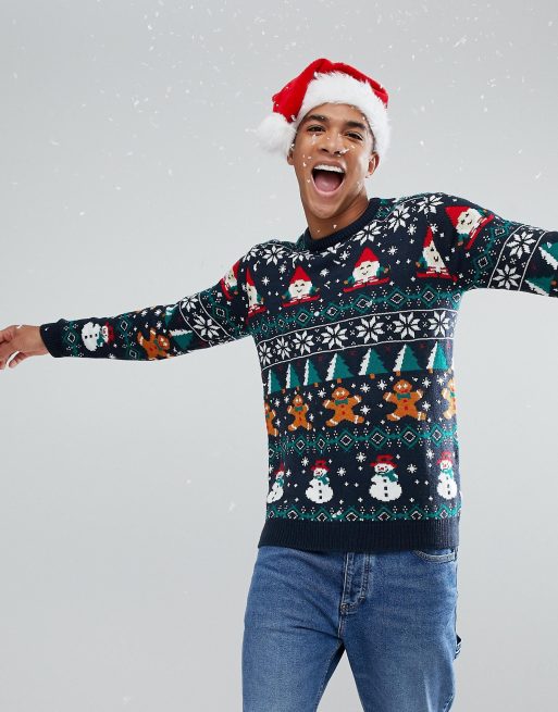 Pull Bear Christmas Patterned Jumper In Navy ASOS