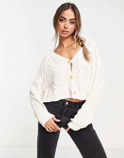 Pull&Bear chunky cable knit cardigain in ecru | ASOS