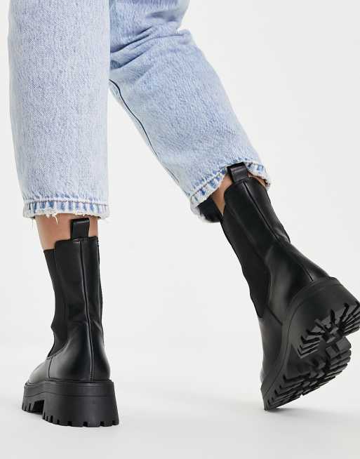 Pull Bear chunky chelsea boots with pull on tab in black ASOS