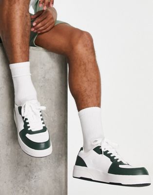 Pull&Bear chunky contrast trainers with green panels in white
