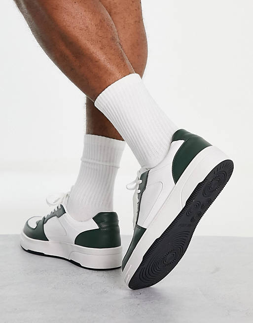 Mens Shoes Trainers Low-top trainers Pull&Bear Rubber Chunky Contrast Trainers With Green Panels in White for Men 