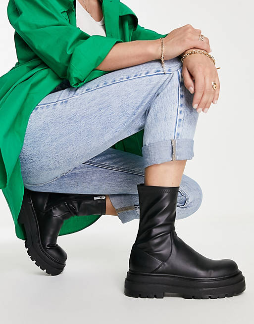 Pull&Bear chunky flat ankle boots with side zip in black