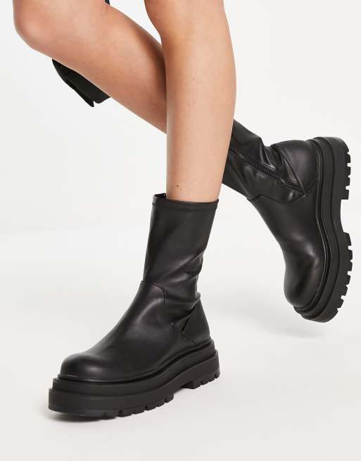 Pull Bear chunky flat ankle boots with side zip in black ASOS