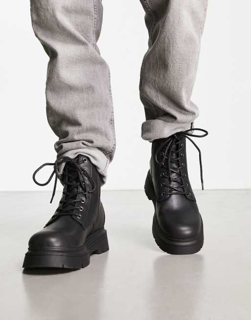 pull&bear lace up boots in black